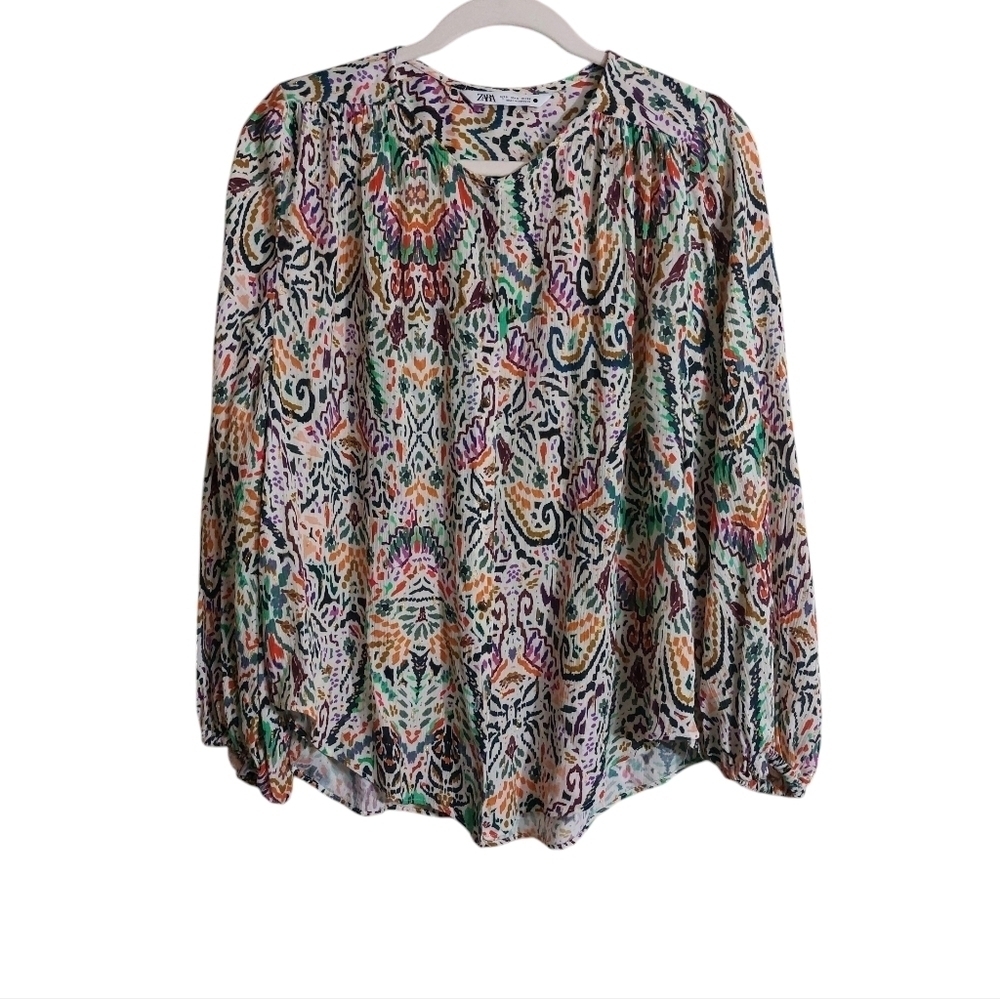 Zara Long Sleeve Colorful Patterned Blouse- size S